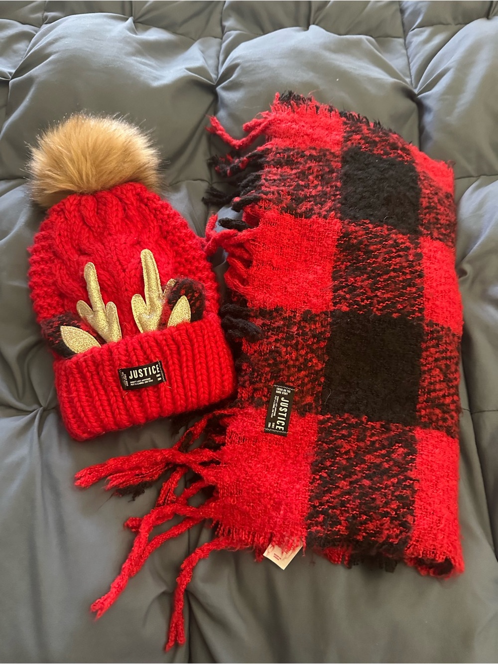 Justice Red Pom Pom Beanie with Gold Antler Detail & Red & Black Plaid Scarf
